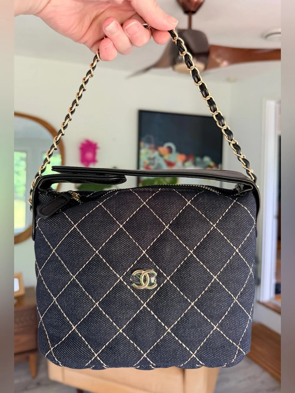 FULL SET NEW Chanel MAKEUP Denim Quilted Hobo Clutch w Chain w Gold Hardware